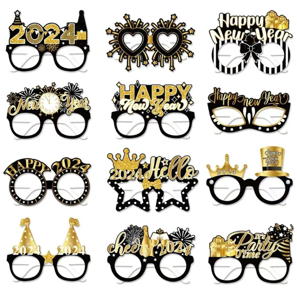 Set of 12 Black & Gold 2024 New Years Photo Prop Glasses